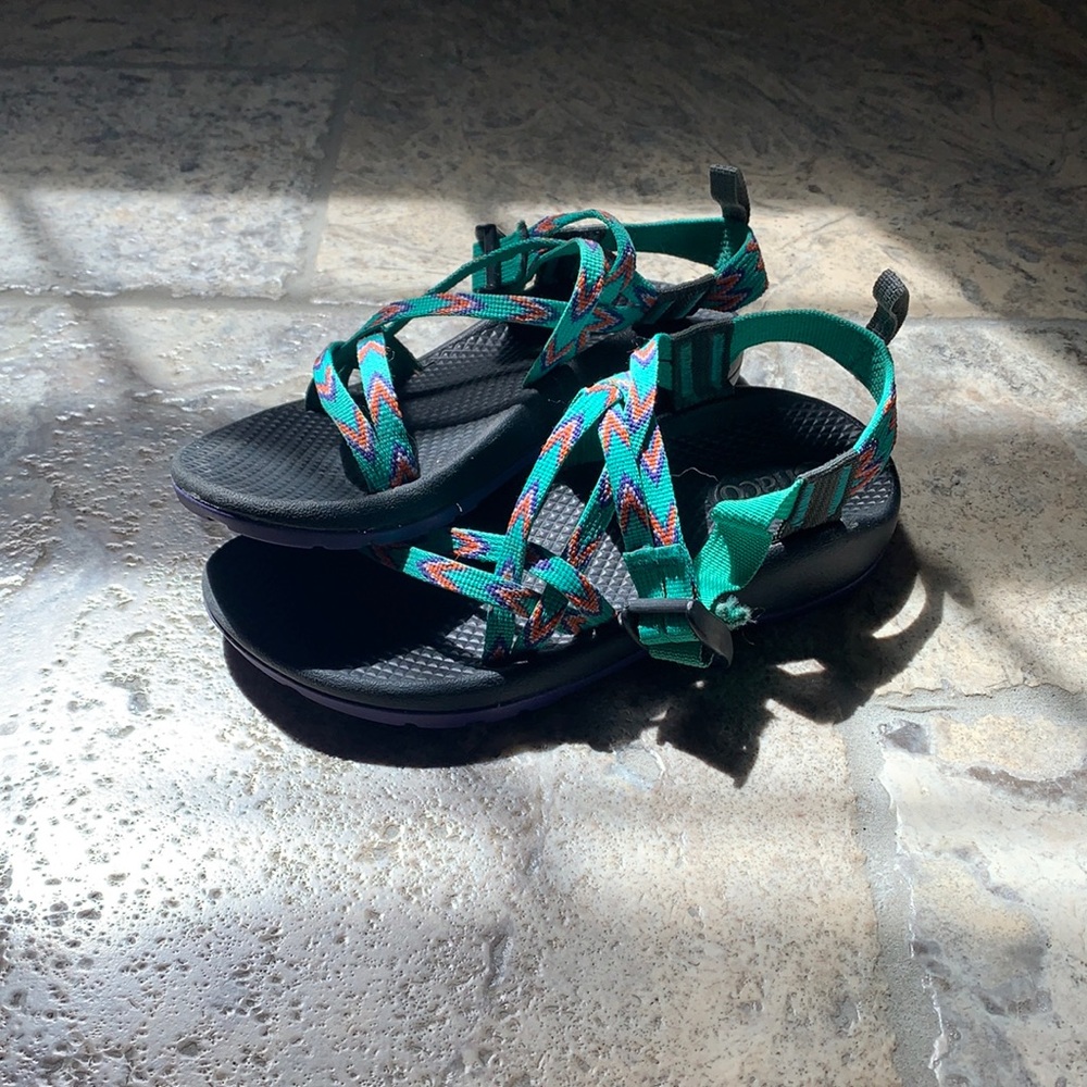 Teal, orange, and purple chacos (comes with box)